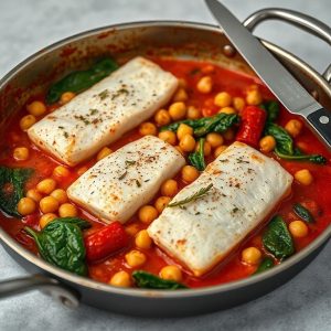 Guiso de garbanzos y merluza al azafrán estilo pub británico