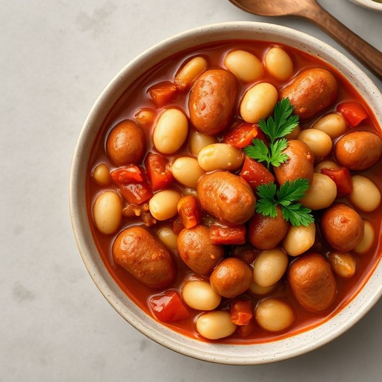 Guiso de salchichas veganas picantes con legumbres