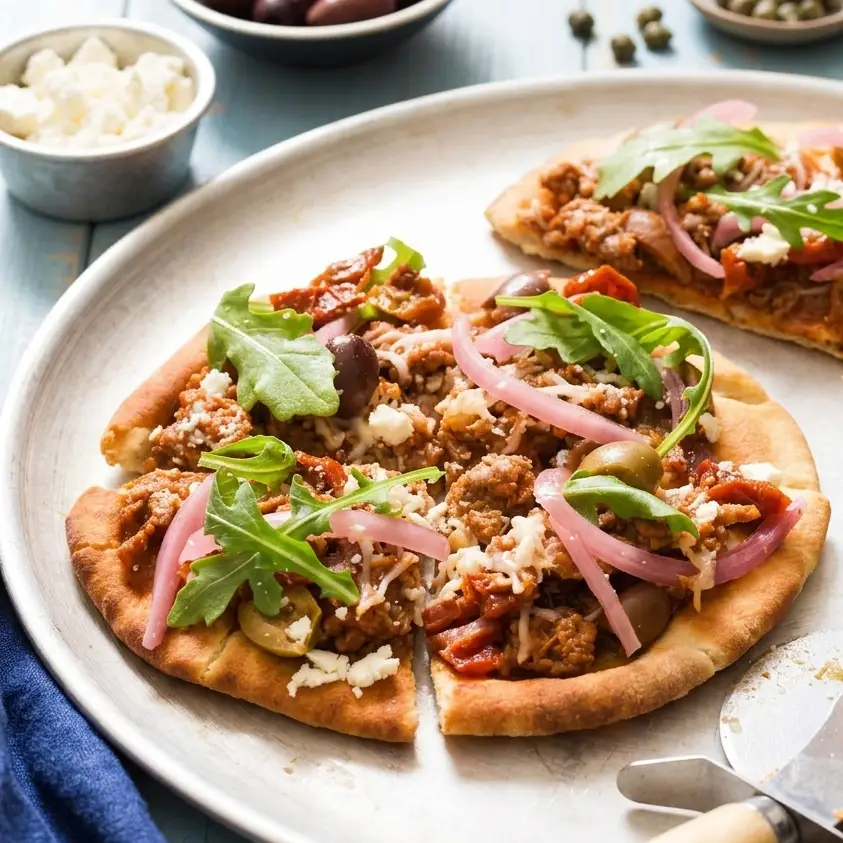 Pita Pizza al estilo griego: rápida, crujiente y llena de sabor mediterráneo