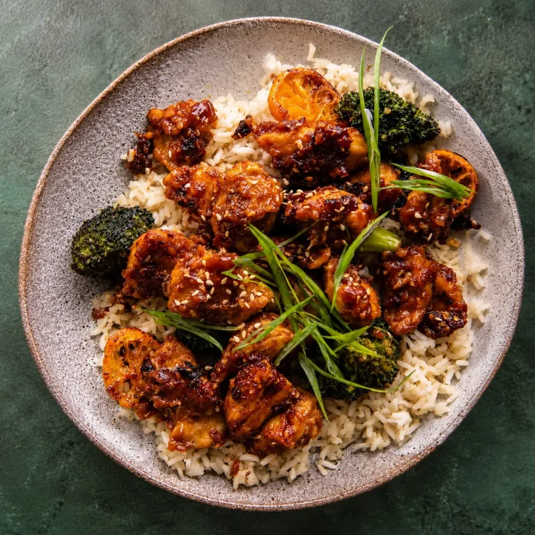 Pollo con brócoli en salsa de naranja y chile al horno