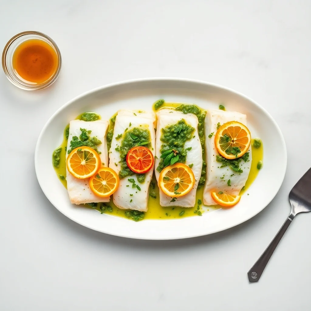Branzino al horno con pesto cítrico y rodajas de naranja y limón
