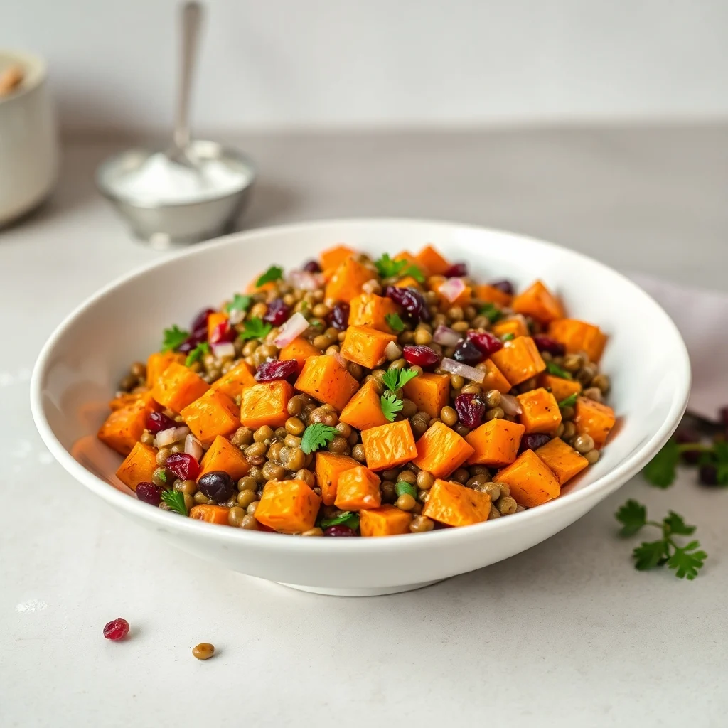 Ensalada Templada de Batata, Lentejas y Arándanos