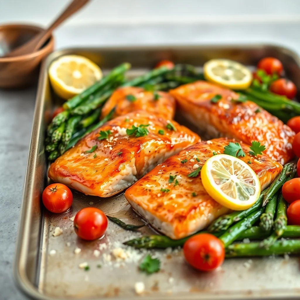 Salmón al horno con salsa de limón y ajo, espárragos asados y tomates cherry