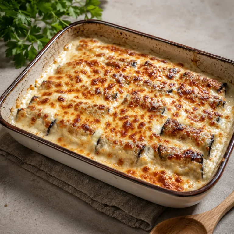 Canelones de berenjena con pollo y bechamel