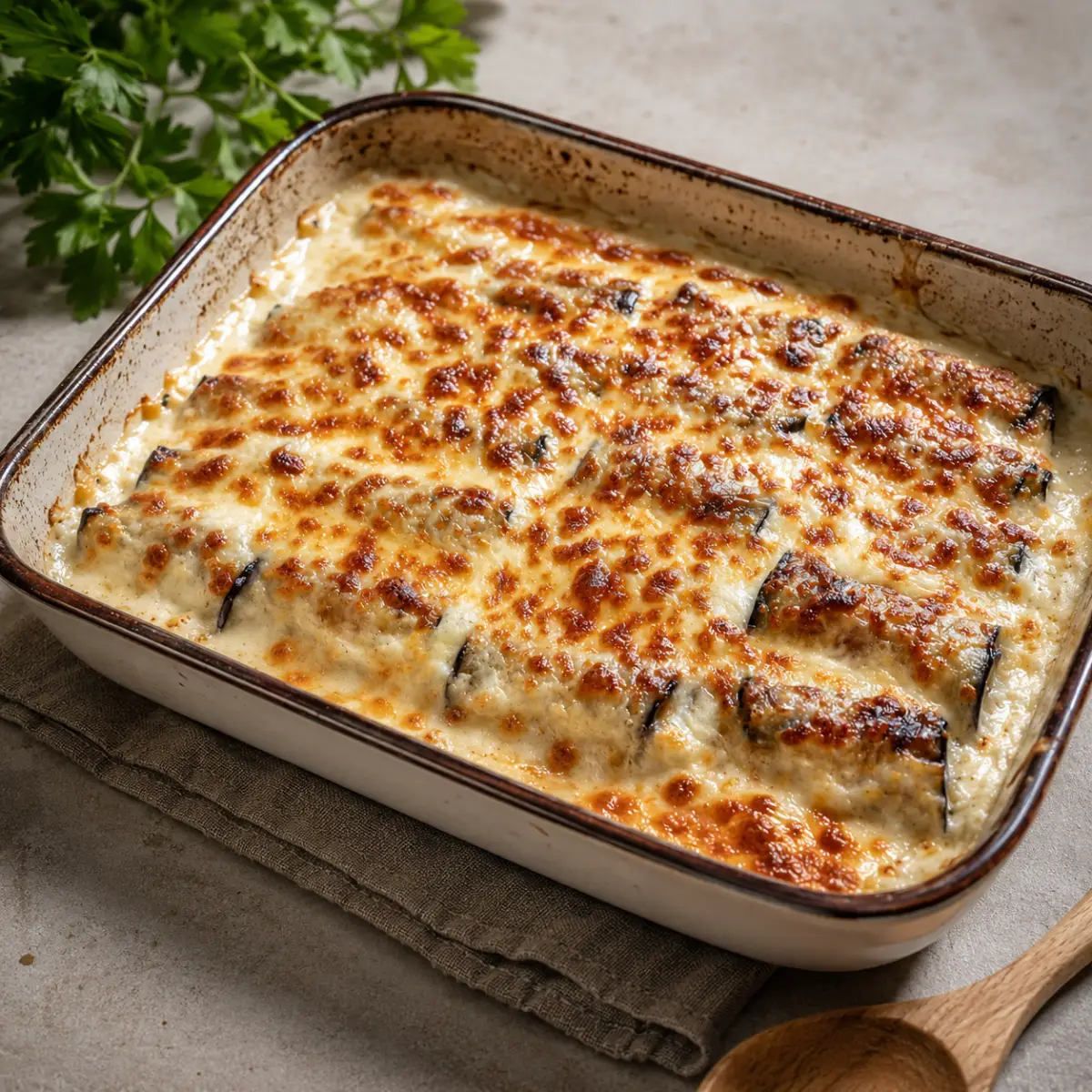 Canelones de berenjena con pollo y bechamel