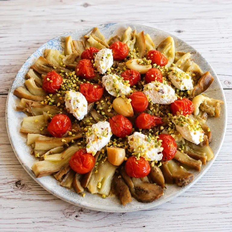 Ensalada templada de berenjenas asadas, tomates cherry, queso ricotta y pistachos