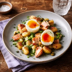 Salteado de Gnocchi con Salmón y Huevo Mollet