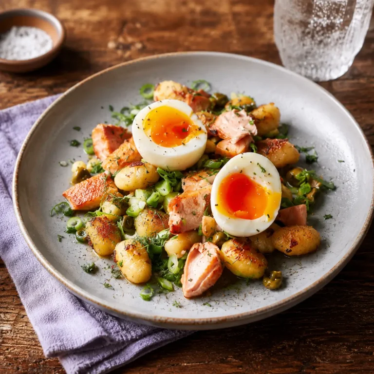 Salteado de Gnocchi con Salmón y Huevo Mollet